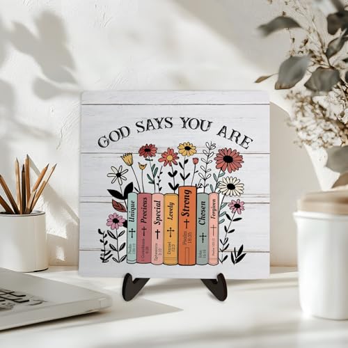 DMADNF Christian Desk Wooden Sign Decor, God Says You Are, Home Office Religious Motivational Decor Scripture Bible Verse Desk Decoration Inspirational Christian Gifts for Friends and Sisters 5.9x5.9inch(GOD - Image 2