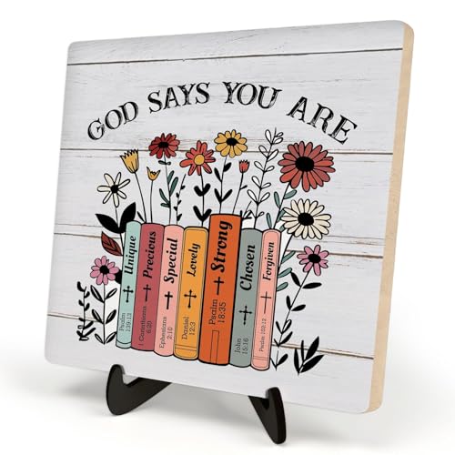 DMADNF Christian Desk Wooden Sign Decor, God Says You Are, Home Office Religious Motivational Decor Scripture Bible Verse Desk Decoration Inspirational Christian Gifts for Friends and Sisters 5.9x5.9inch(GOD - Image 1