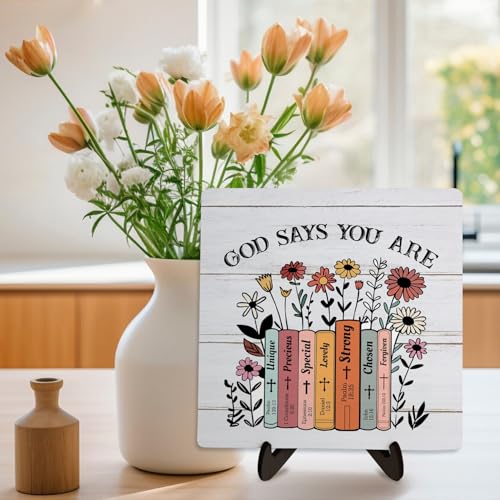DMADNF Christian Desk Wooden Sign Decor, God Says You Are, Home Office Religious Motivational Decor Scripture Bible Verse Desk Decoration Inspirational Christian Gifts for Friends and Sisters 5.9x5.9inch(GOD - Image 3