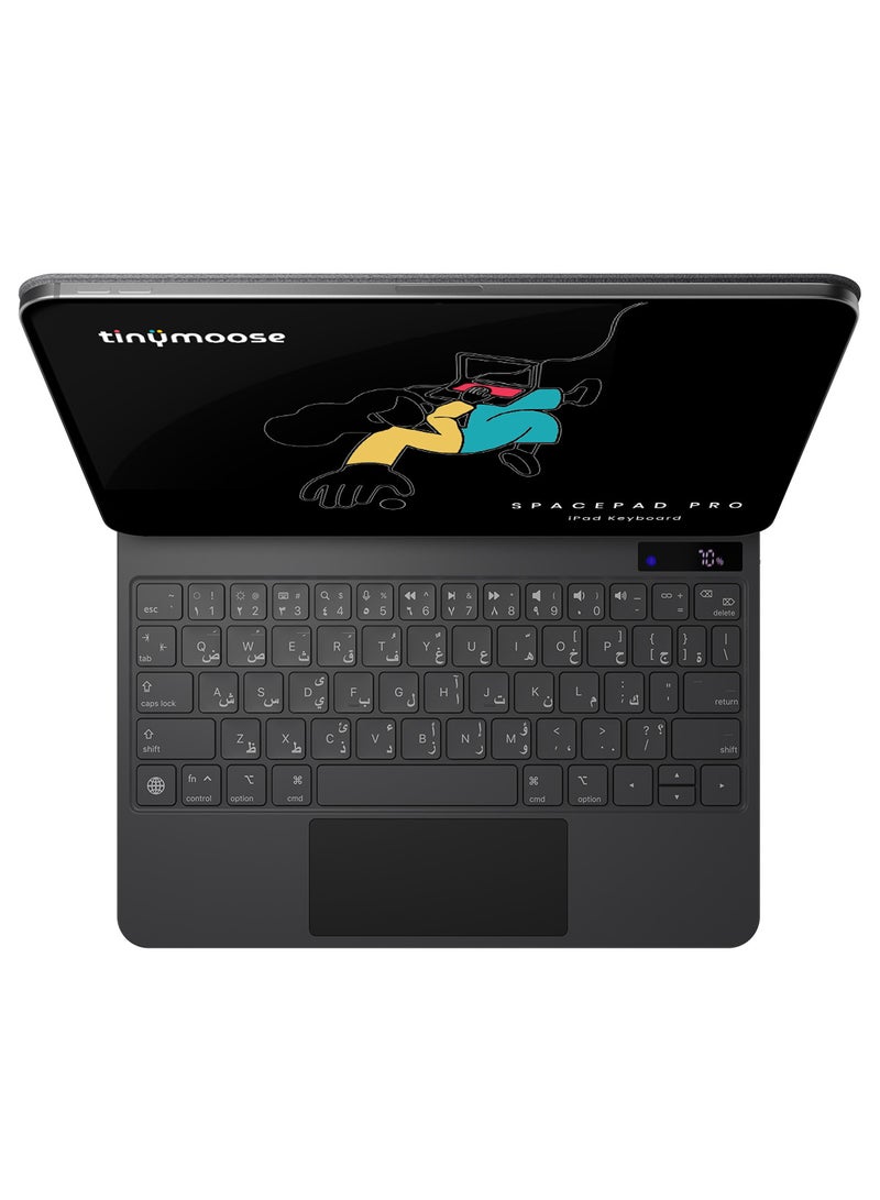 TinyMoose iPad Keyboard SpacePad Pro — Compatible with iPad Pro 11(M4) 2024 — Arabic and English Keyboard, 5-Way Multi-Touch Touchpad, LED Battery Display, 7-Color Backlit, Scissor Keys, Adjustable Stand, Bluetooth 5.0 — Carbon Black - Image 1