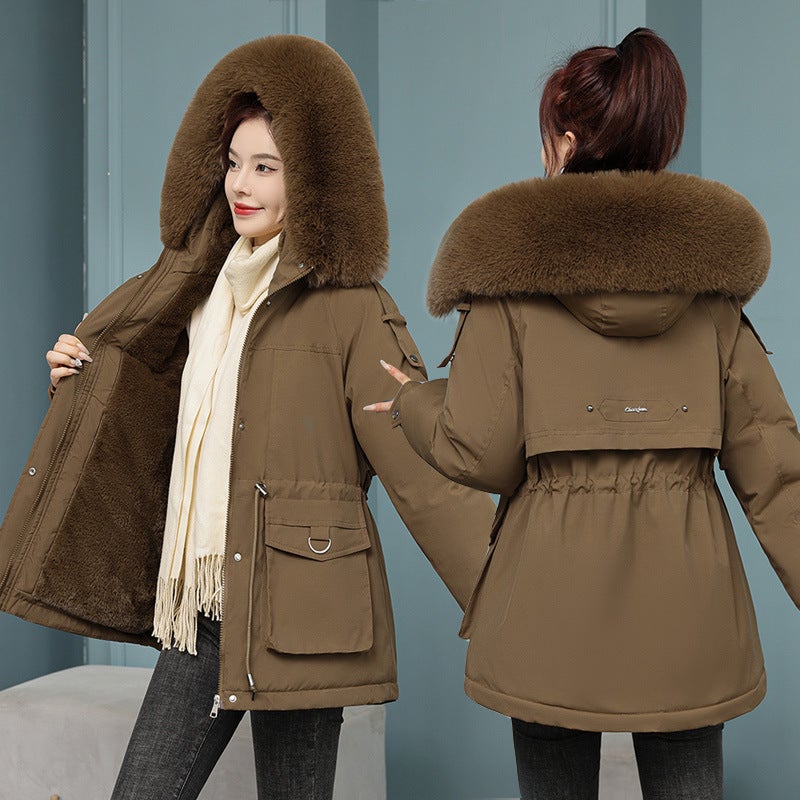 2023 Womens Fleece-Lined Parka Coat Winter Slim Cotton Jacket Black