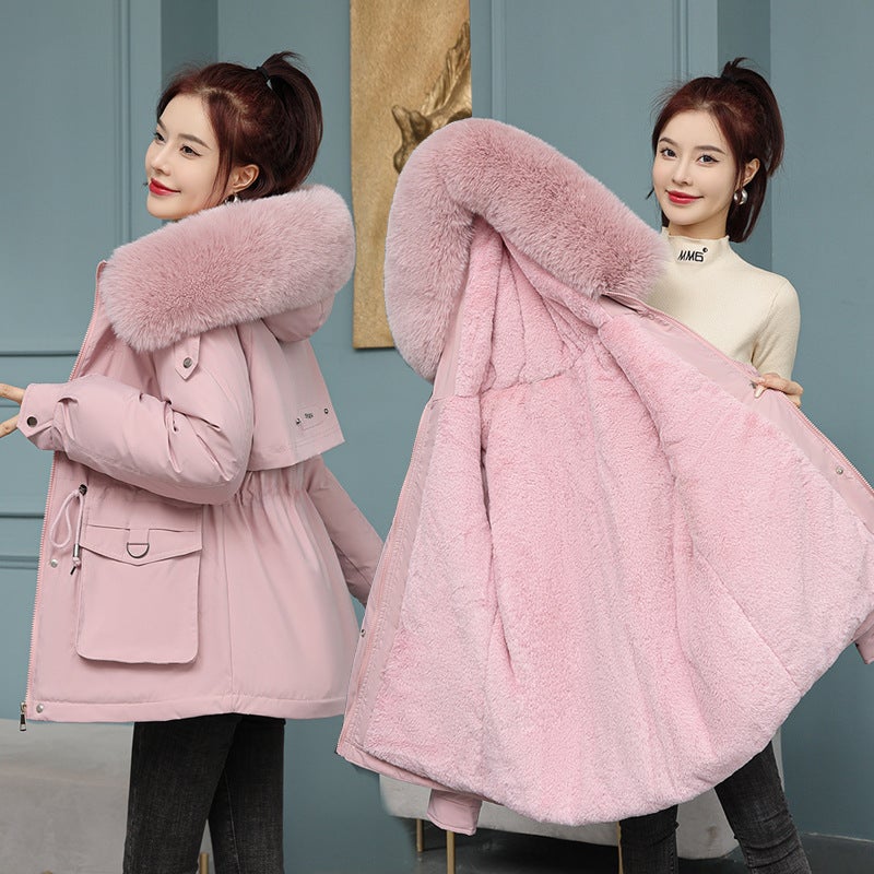 2023 Womens Fleece-Lined Parka Coat Winter Slim Cotton Jacket Black