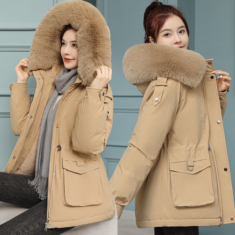 2023 Womens Fleece-Lined Parka Coat Winter Slim Cotton Jacket Black