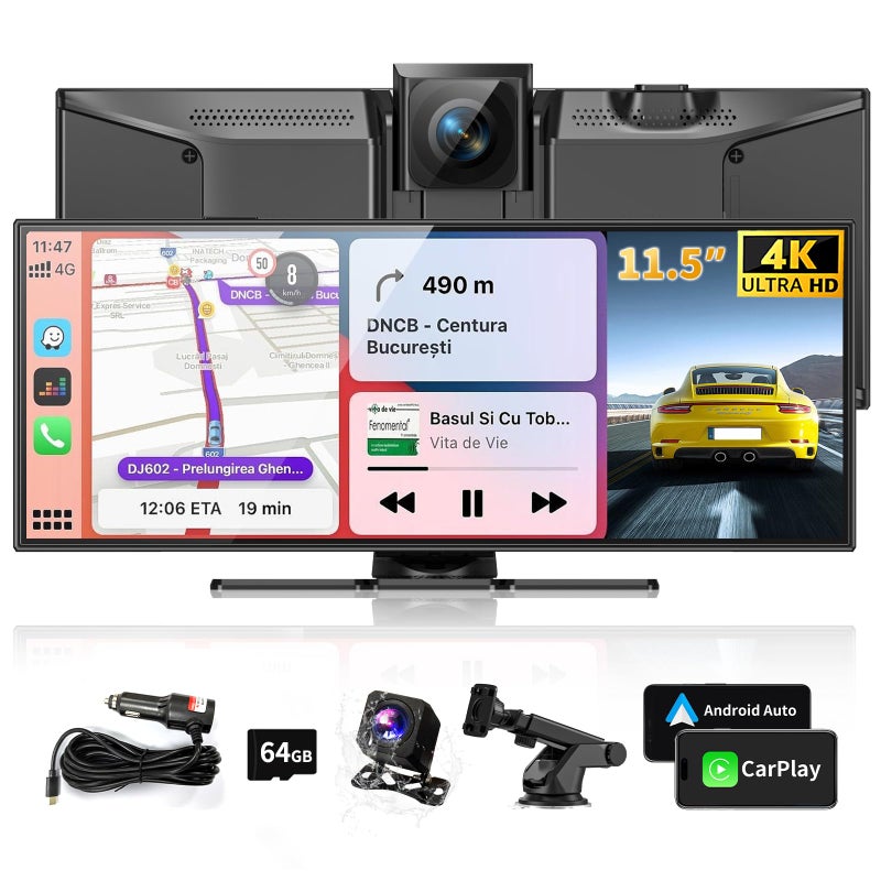 M CARKUMI Largest 11.5" Portable Carplay Screen for Car, 4K Wireless Car Play & Android Auto, Upgrade Touchscreen with Dash Cam, App Control/Loop Recording/Backup Camera/Mirror Link/GPS/FM for All Vehicles - Image 1