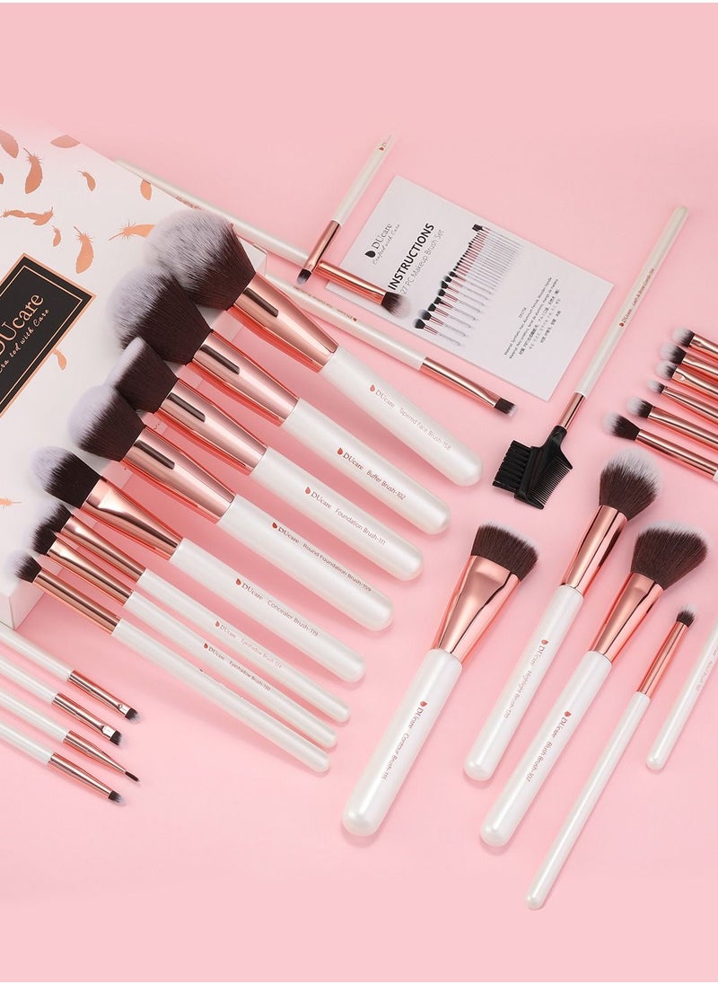 DUcare Professional 27-Piece Vegan Makeup Brush Set - White Luxury Kabuki, Foundation, Blending & Eyeshadow Brushes with Gift Box (FSC Certified)  - Image 5