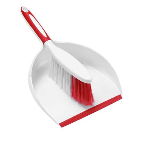 NACENA Dust Pan and Brush Set, Large Hand Broom and Dustpan Set Large Brush and Dustpan Set for Camping Broom and Dustpan Combo for Daily Cleaning Pet Hair Office Home Car, White & Red - Image 1
