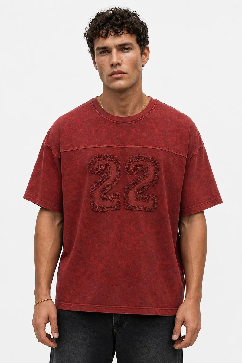 Respire Men's 22 Embroidered Washed Oversize T-Shirt Burgundy