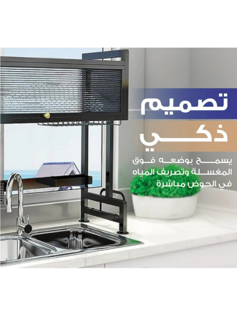 شي ون رف تجفيف صحون من الستانلس ستيل المقاوم للصدأ بتصميم عملي وفاخر من SHEE ONE | منظم مطبخ متعدد الاستخدامات لتجفيف وترتيب الأطباق والأواني | رف علوي بحجم 85×80 سم مزوّد بأماكن للسكاكين والقدور والمنظفات  - Image 5