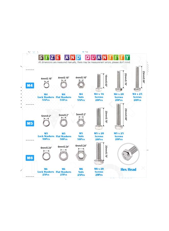 Glarks 510 Pieces Flat Hex Stainless Steel Screws Bolts Nuts Lock and Flat Gasket Washers Assortment Kit - Image 2