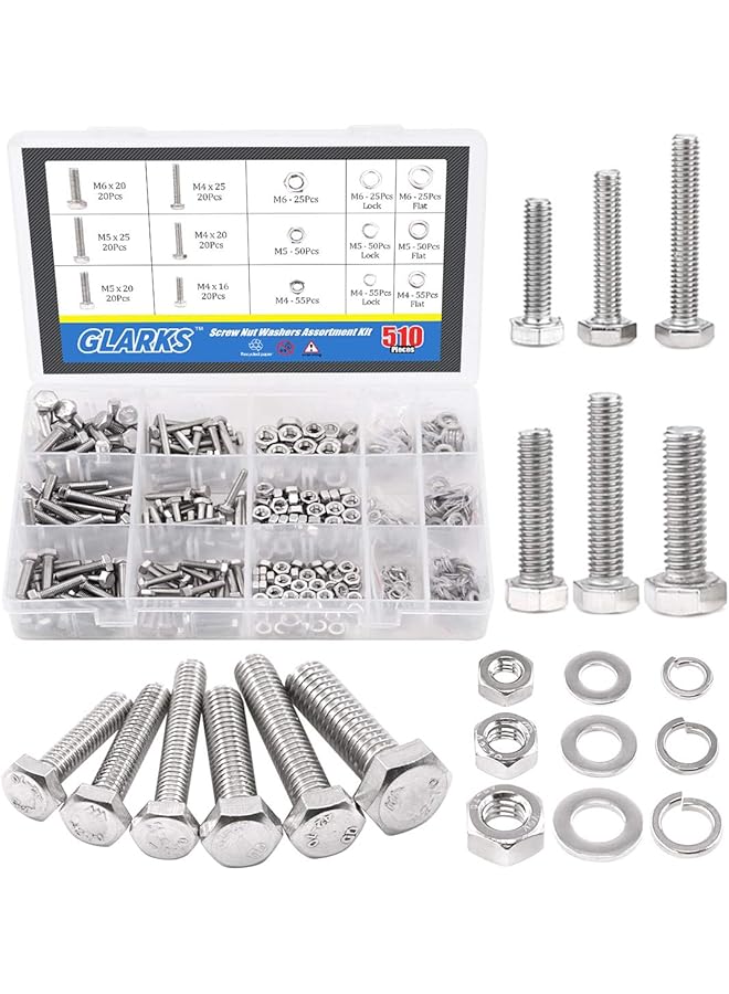 Glarks 510 Pieces Flat Hex Stainless Steel Screws Bolts Nuts Lock and Flat Gasket Washers Assortment Kit - Image 1
