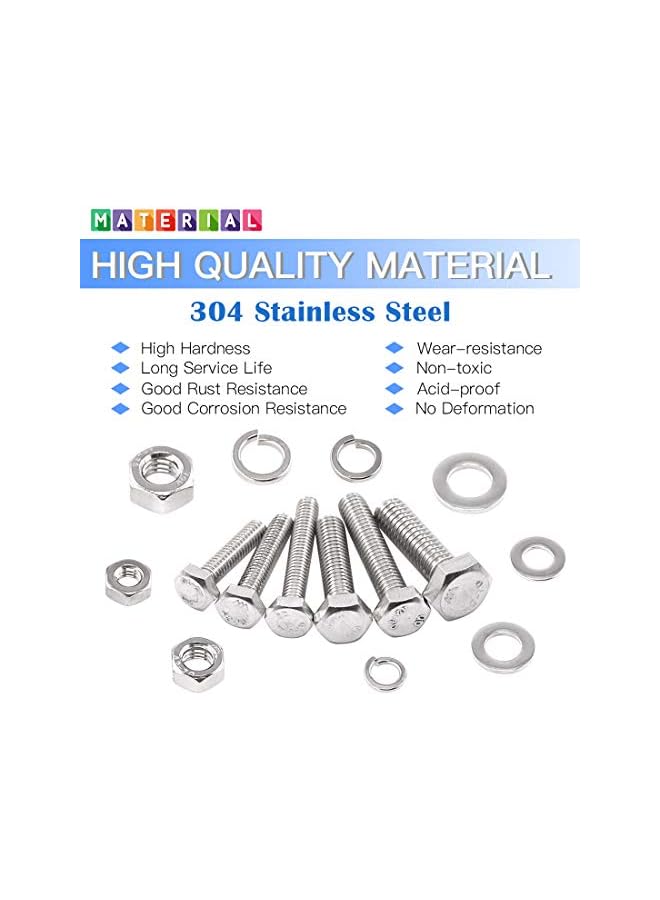 Glarks 510 Pieces Flat Hex Stainless Steel Screws Bolts Nuts Lock and Flat Gasket Washers Assortment Kit - Image 3