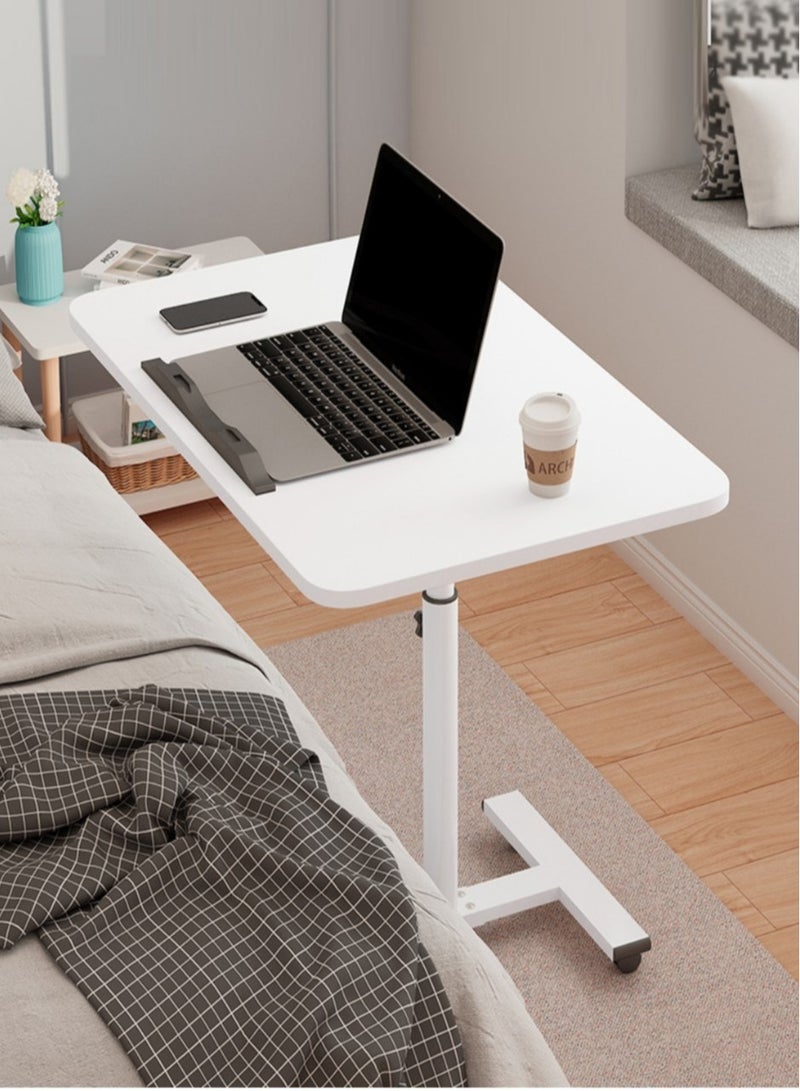 طاولة سرير متحركة مع عجلات، طاولة بجانب السرير قابلة للتعديل، عربة مكتب كمبيوتر محمول مع صينية 55 × 32 سم، أبيض - Image 1