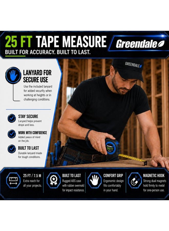 Greendale 3 Pack - 25 ft Tape Measures - Easy to Read Fractions to 1/8th inch - Magnetic Tip - Thumb and Quick Lock - Autowind - Belt Clip - Image 5