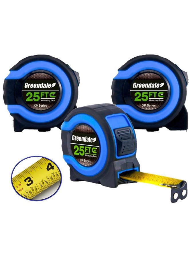 Greendale 3 Pack - 25 ft Tape Measures - Easy to Read Fractions to 1/8th inch - Magnetic Tip - Thumb and Quick Lock - Autowind - Belt Clip - Image 1