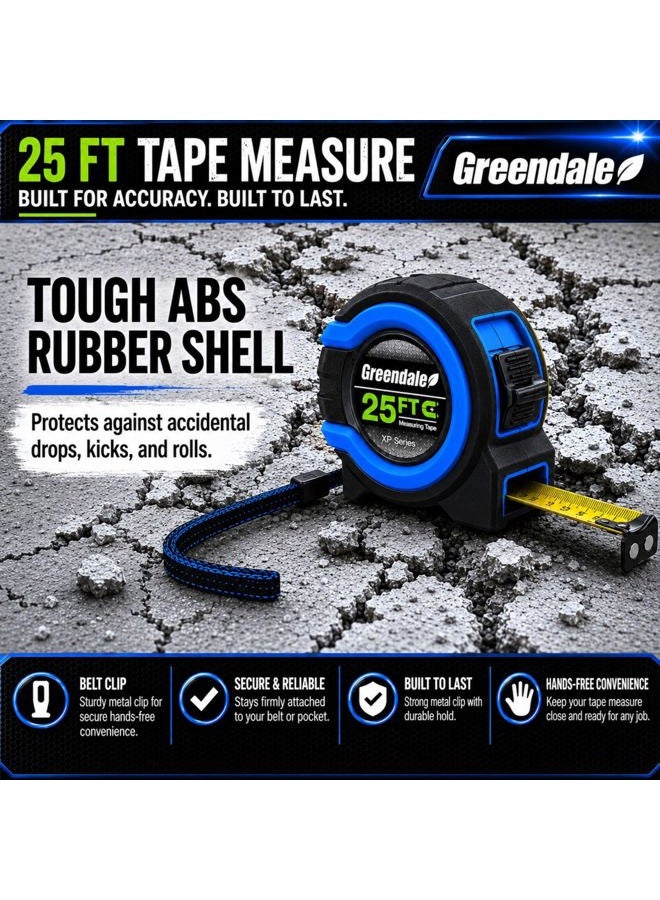 Greendale 3 Pack - 25 ft Tape Measures - Easy to Read Fractions to 1/8th inch - Magnetic Tip - Thumb and Quick Lock - Autowind - Belt Clip - Image 3