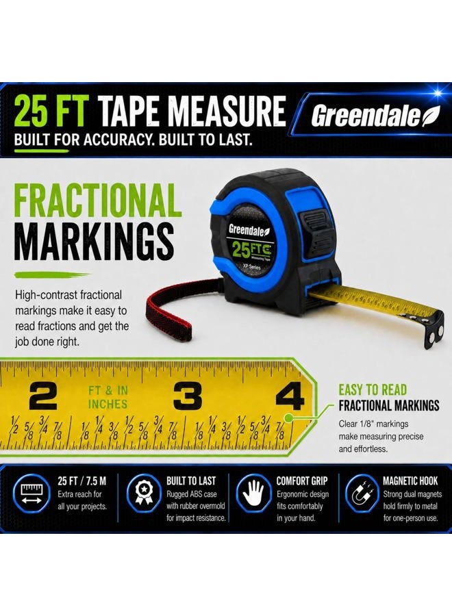 Greendale 3 Pack - 25 ft Tape Measures - Easy to Read Fractions to 1/8th inch - Magnetic Tip - Thumb and Quick Lock - Autowind - Belt Clip - Image 2