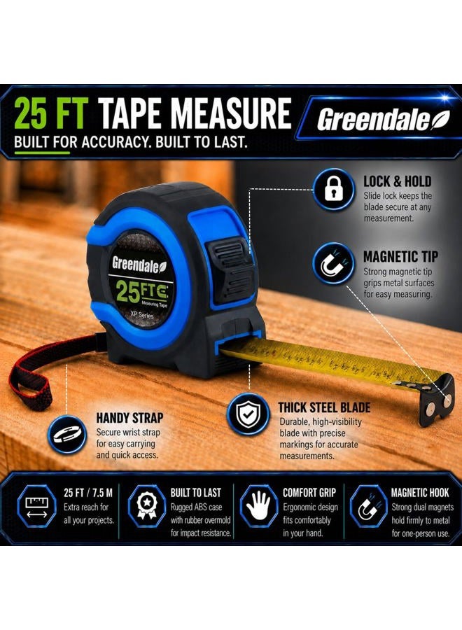 Greendale 3 Pack - 25 ft Tape Measures - Easy to Read Fractions to 1/8th inch - Magnetic Tip - Thumb and Quick Lock - Autowind - Belt Clip - Image 4