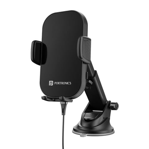 Portronics Charge Clamp 3 Wireless Car Charger with 15 Watts Fast Charging (Qi Compatible), Free Type-C Cable, 360° Rotation, for iPhone & Android Smartphones (Black) - Image 1