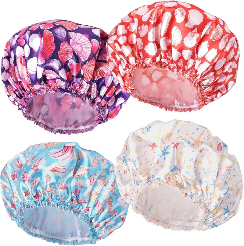 CHFONG Shower Caps for Women, 4 PCS Elastic and Reusable Bath Caps, Double Layers Shower Cap Reusable Waterproof, Bathing Shower Caps, Environmental Bath Hair Protection Cap - Shell - Image 1