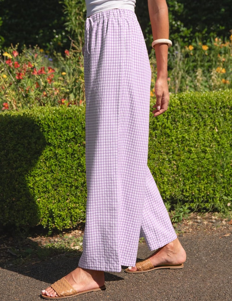 TARSE Womens Linen Striped Gingham Wide Leg Pants Palazzo Drawstring Elastic Waist Lounge Pajama Pants Cute Casual Trousers with Pockets(PurpleWhitePlaid, S) - Image 3