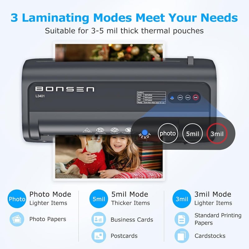 BONSEN A4 Laminator Machine, 9.33-Inch Thermal Laminator with Never Jam Technology, 100 Laminating Sheets, Laminates Photos Cards Documents, 4-in-1 Personal Laminators for Teachers Home Office School - Image 3