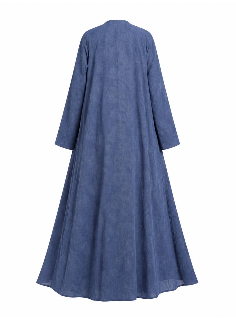 Amnad International Women’s Light Blue Denim Crepe Floral Jacquard Open Abaya with Matching Hijab, Sizes 52-60 inches - Image 2