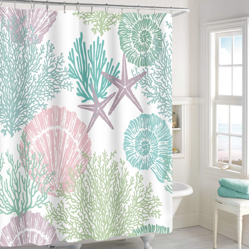 MAYZUS Long Shower Curtain 72 x 78 Inch  Tall Pink Green Nautical Coastal Fabric Shower Curtain  Summer Tropical Seashell Starfish Coral Beach Ocean Themed Shower Curtain for Bathroom Decor - Image 2