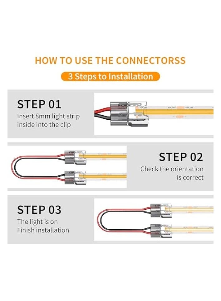 erorex 20 Pack COB LED Connectors, 2-Pin 8mm Solderless Snap Connectors - 15cm Double-Headed for Low Voltage Single Color Light Strips - Ideal for DIY COB/SMD - Image 2