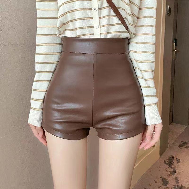Khaki split puleather butt shorts autumn all-match high waist thin solid color underwear boots pants small leather pants Coffee [classic fashion]]