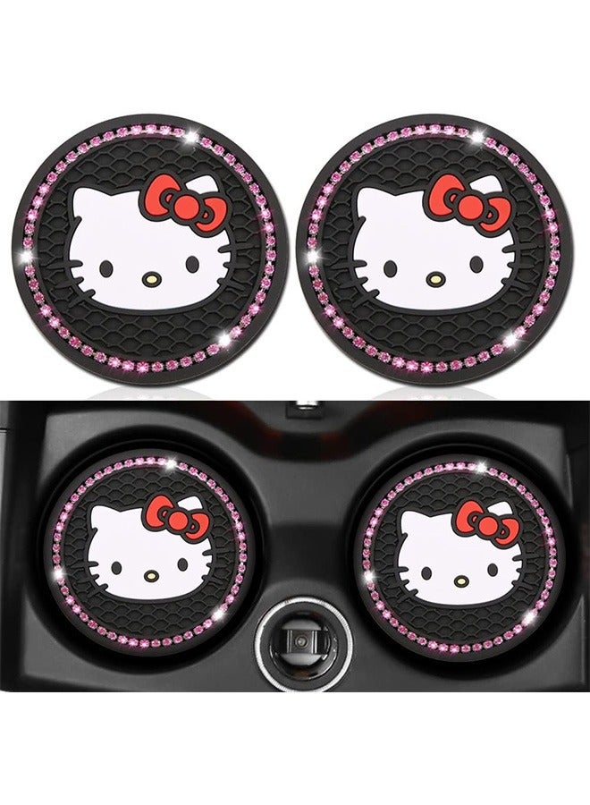 2Pcs Bling Kitty Cat Car Cup Coaster 2.75in Silicone Non Slip Pads Cup Holder for Car Coasters Pink Bling Car Accessories for Women and Girls - Image 1