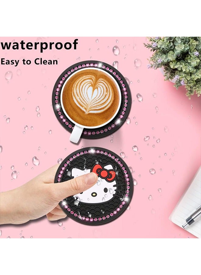 2Pcs Bling Kitty Cat Car Cup Coaster 2.75in Silicone Non Slip Pads Cup Holder for Car Coasters Pink Bling Car Accessories for Women and Girls - Image 2