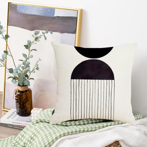 IcosaMro Black and White Throw Pillow Covers 18x18 Set of 4 Boho Throw Pillow Cover Beige Mid Century Modern Arch Sun Decor Decorative Bohemian Cotton Linen Cushion Case - Image 2