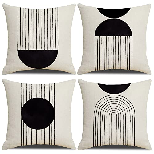 IcosaMro Black and White Throw Pillow Covers 18x18 Set of 4 Boho Throw Pillow Cover Beige Mid Century Modern Arch Sun Decor Decorative Bohemian Cotton Linen Cushion Case - Image 1