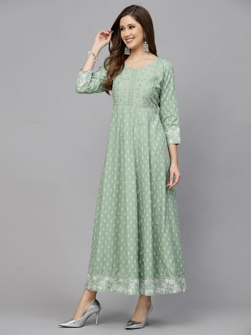 Stylum Women's Printed & Embroidered Rayon Anarkali Kurta Pista Green - Image 4