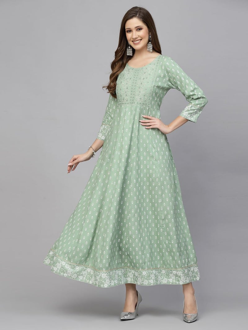 Stylum Women's Printed & Embroidered Rayon Anarkali Kurta Pista Green - Image 3
