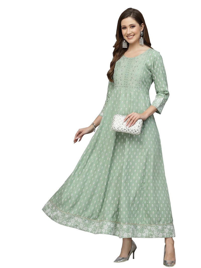 Stylum Women's Printed & Embroidered Rayon Anarkali Kurta Pista Green - Image 1