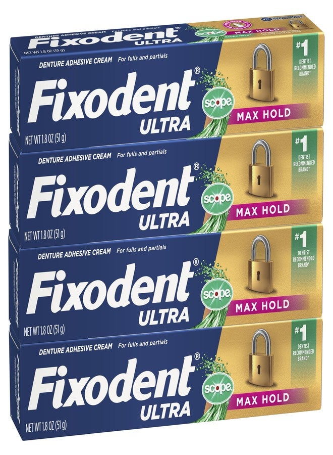 Fixodent Ultra Max Hold Plus Scope Secure Denture Adhesive for Full and Partial Denture Wearers, Blue, 1.8oz 4 Pack - Image 1