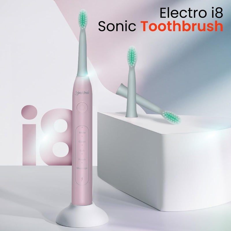 Toothsi Electro i8 Sonic Electric Toothbrush | Smart Electric Toothbrush for Men & Women | with 5 Modes & 3 Brush Heads | IPX 7 Waterproof | Rechargeable | Oral Care | Pink - Image 2