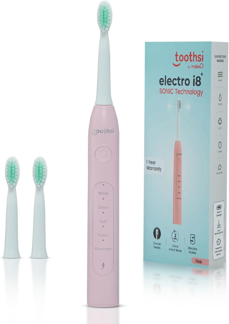 Toothsi Electro i8 Sonic Electric Toothbrush | Smart Electric Toothbrush for Men & Women | with 5 Modes & 3 Brush Heads | IPX 7 Waterproof | Rechargeable | Oral Care | Pink - Image 1