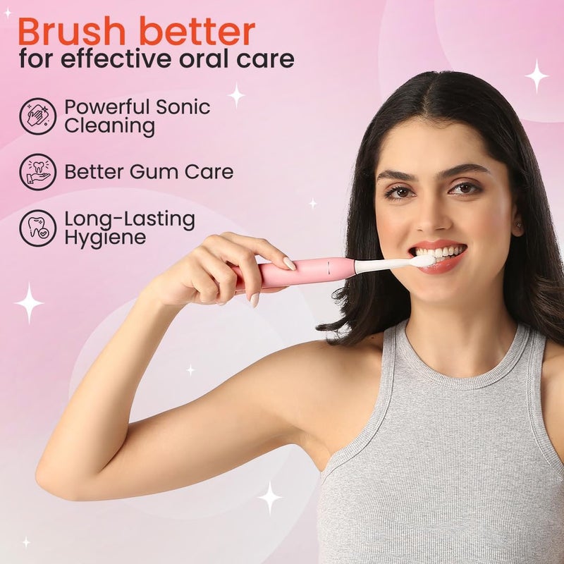 Toothsi Electro i8 Sonic Electric Toothbrush | Smart Electric Toothbrush for Men & Women | with 5 Modes & 3 Brush Heads | IPX 7 Waterproof | Rechargeable | Oral Care | Pink - Image 3
