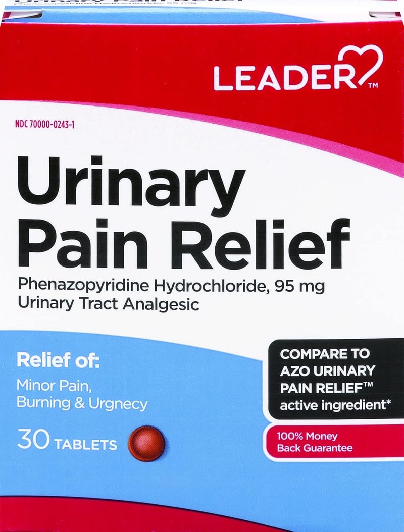 Leader LEADER Urinary Pain Relief Maximum Strength, Fast Relief of UTI Pain, Burning & Urgency, Urinary Tract Infection, Phenazopyridine Hydrochloride 95 mg, 30 Tablets, 2-Pack