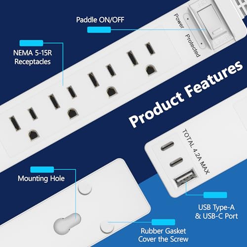 LIDER Surge Protected Outlet Extender, 4-Outlet Power Strip, 21W USB Type-A, and 2 USB Type-C Port, Ultra-Thin Wall Plate Plug with Cord Extender, Flat-Face, 5ft Cord, 1500 Joules, ETL-Listed, White - Image 3