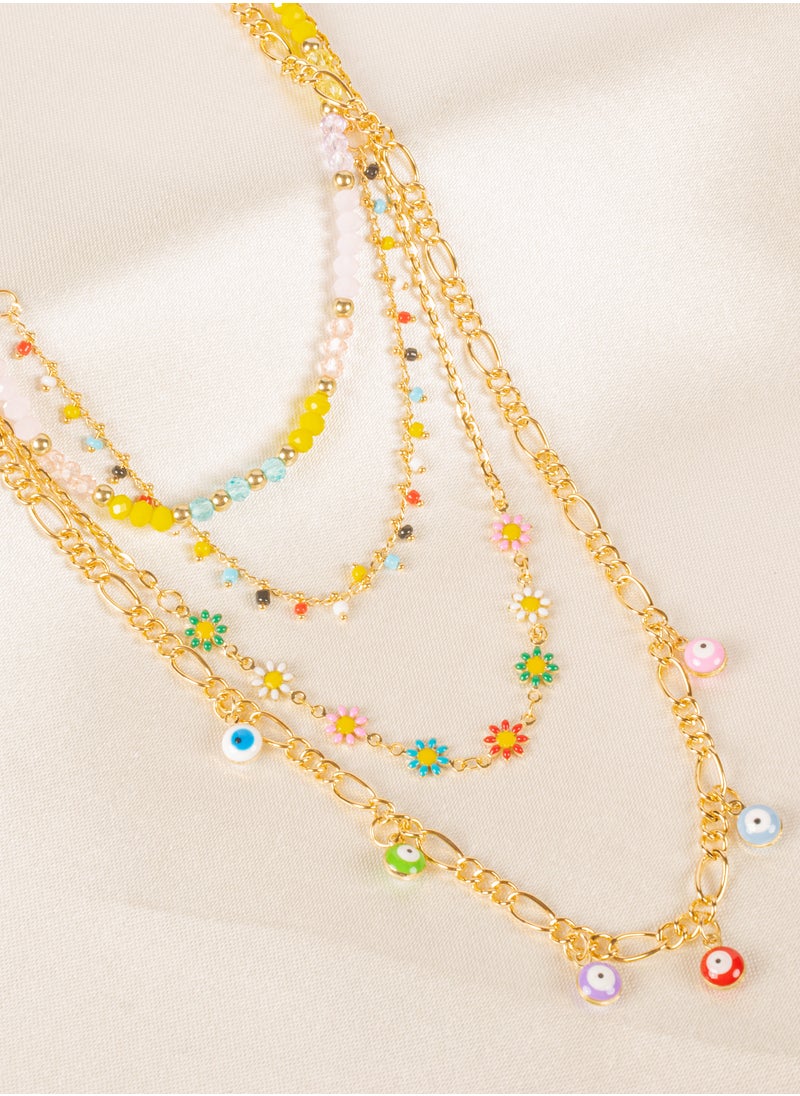 The Black Pearl Accessories - Colorful Flowers Multi Layers Chinses Gold Necklace - Image 1