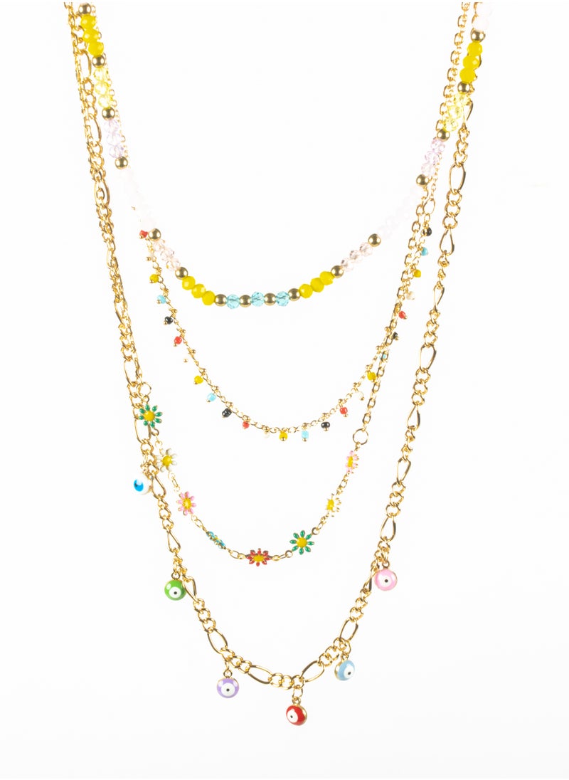 The Black Pearl Accessories - Colorful Flowers Multi Layers Chinses Gold Necklace - Image 1