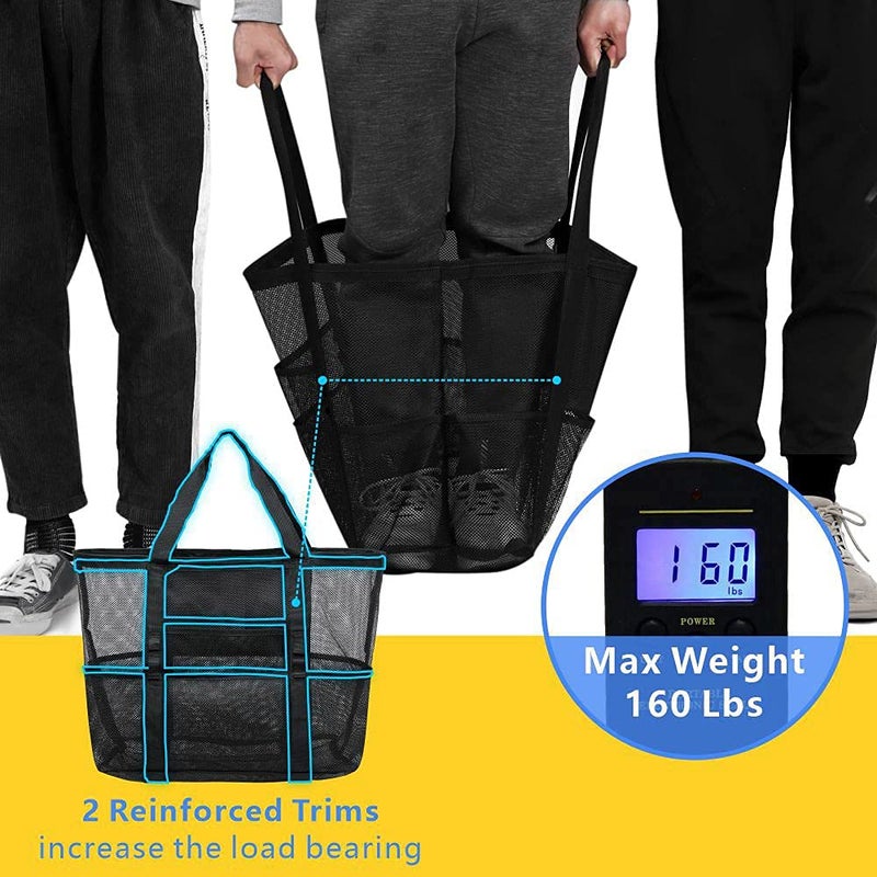 F-color Mesh Beach Bag Family - Beach Tote 9 Pockets Beach Towel Bag, Black - Image 4
