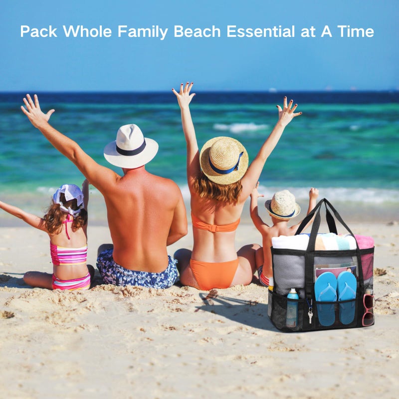 F-color Mesh Beach Bag Family - Beach Tote 9 Pockets Beach Towel Bag, Black - Image 2