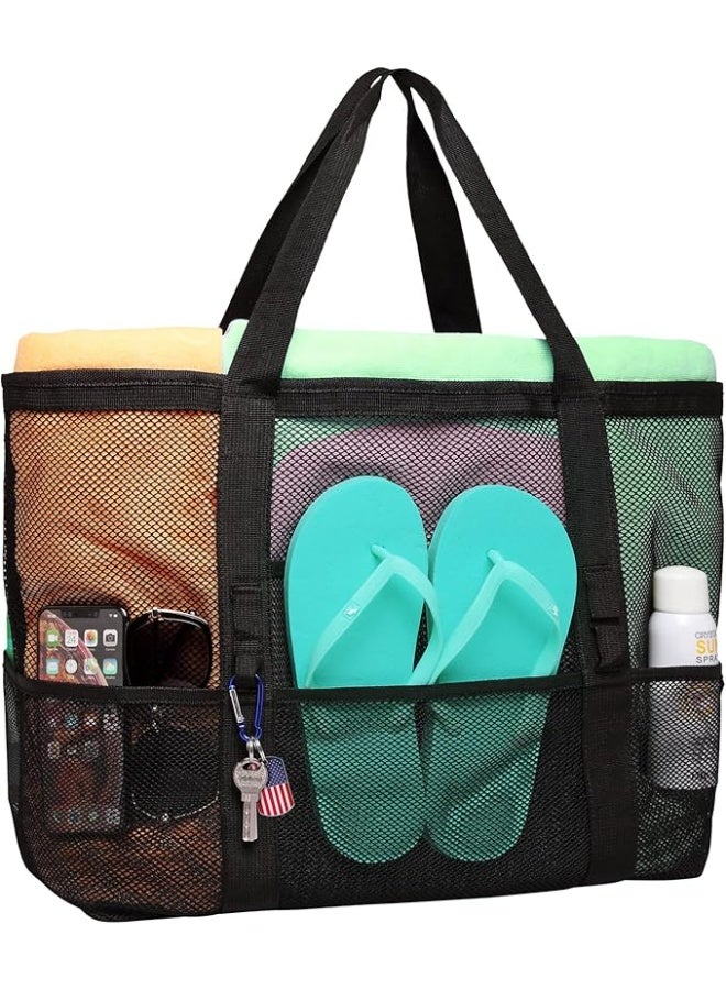 F-color Mesh Beach Bag Family - Beach Tote 9 Pockets Beach Towel Bag, Black - Image 1