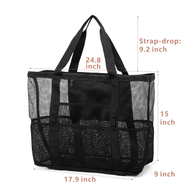 F-color Mesh Beach Bag Family - Beach Tote 9 Pockets Beach Towel Bag, Black - Image 5