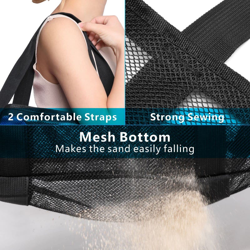 F-color Mesh Beach Bag Family - Beach Tote 9 Pockets Beach Towel Bag, Black - Image 3