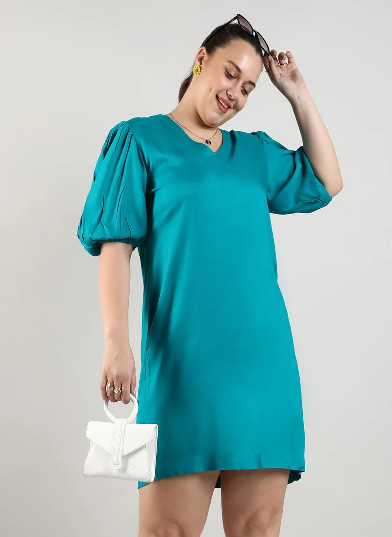 Instafab Plus Women's Teal Blue Solid A-Line Dress For Casual Wear | V Neck | Short Sleeve | Pull On Closure | Plus-Size Dress Crafted With Comfort With For Everyday Wear